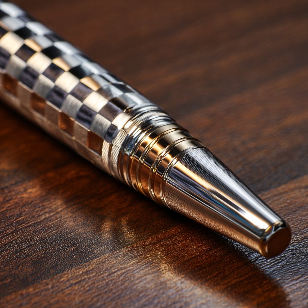 Titanium pen concept — checkered pattern with gold accent